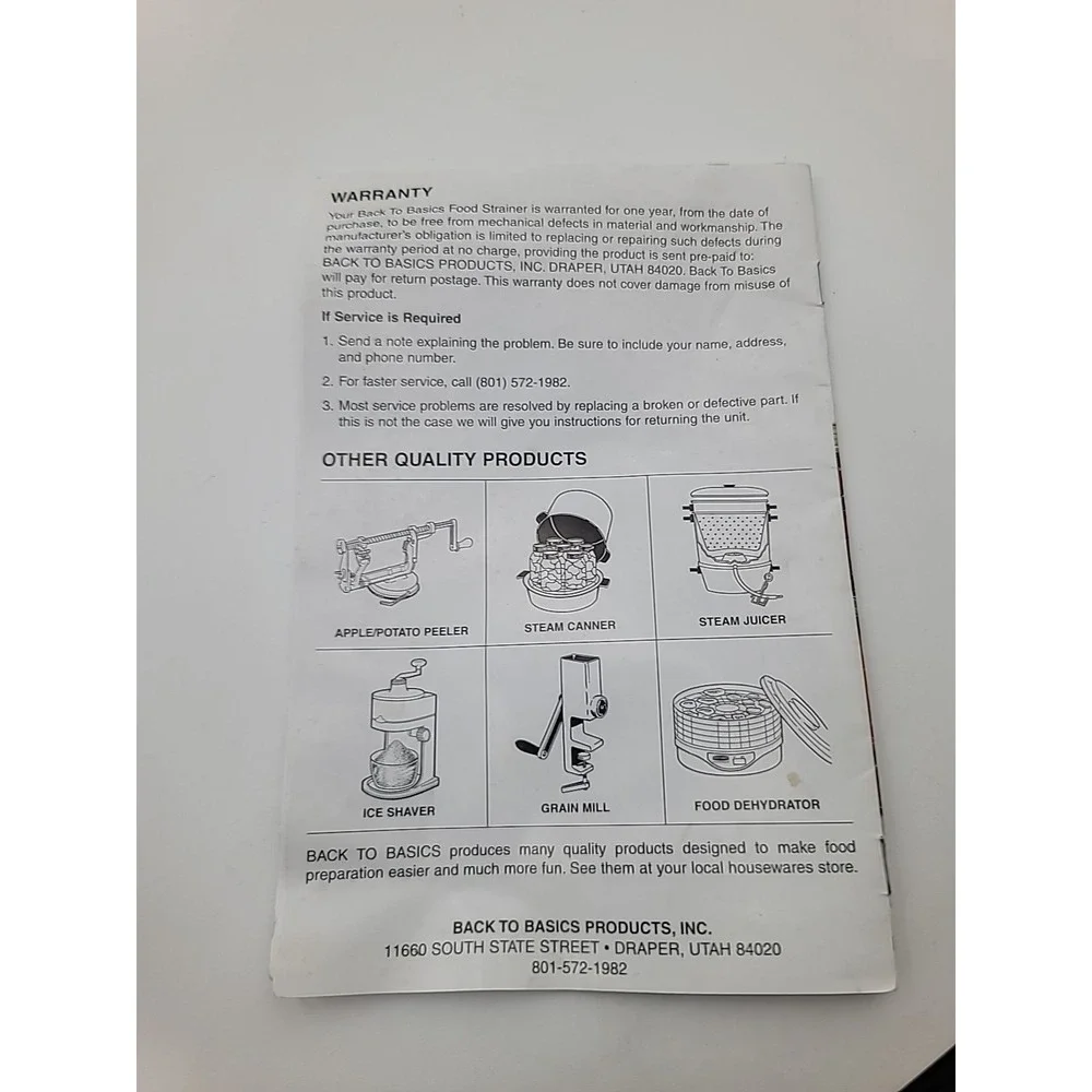 Back to Basics 220 Food Strainer Replacement Parts Instruction Manual Only